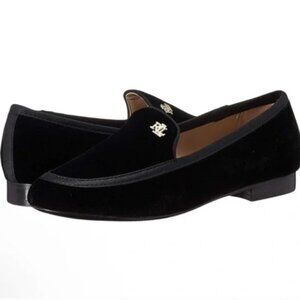 Ralph Lauren Claire II black, velvet, silver LRL logo loafers, Sz 8M